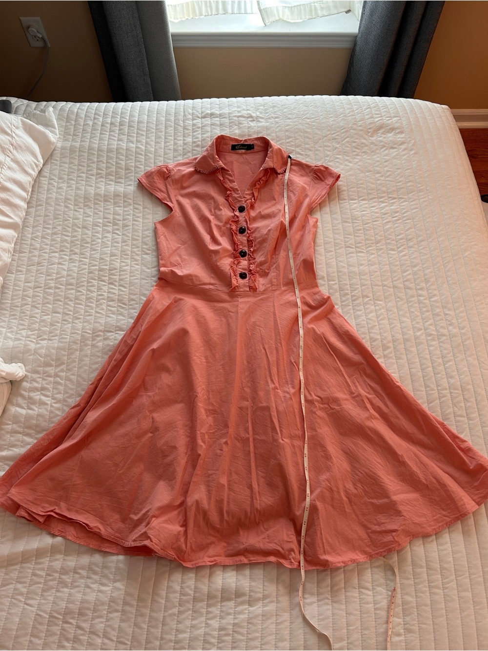 Women's Coral Pink Fit-and-Flare Collared Dress with vintage buttons